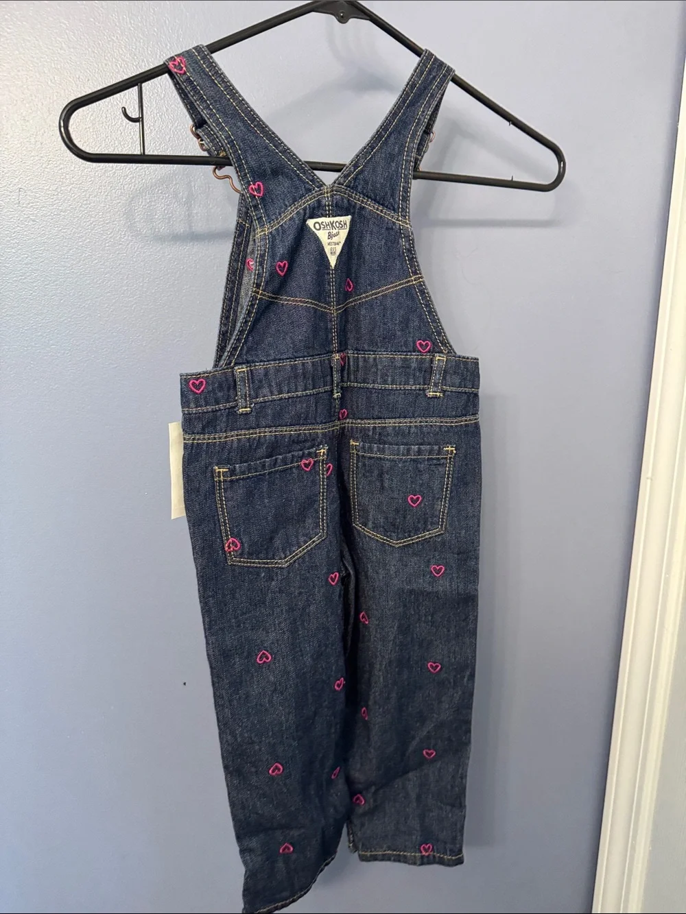 OshKosh B'gosh Dark Blue Denim Overalls with Pink Heart Embroidery